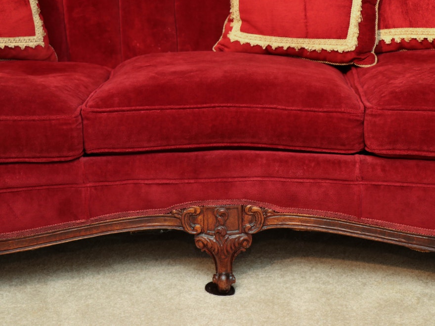 French Rococo Carved Walnut Mahogany Red Velvet Settee Sofa ABBY ESSIE STUDIOS