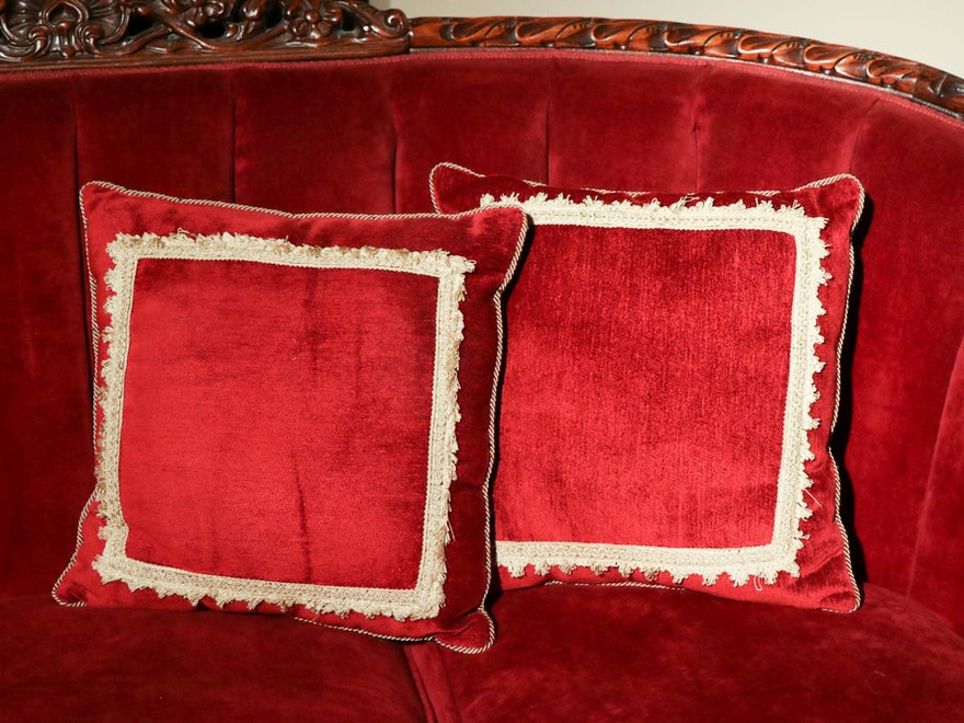 French Rococo Carved Walnut Mahogany Red Velvet Settee Sofa ABBY ESSIE STUDIOS