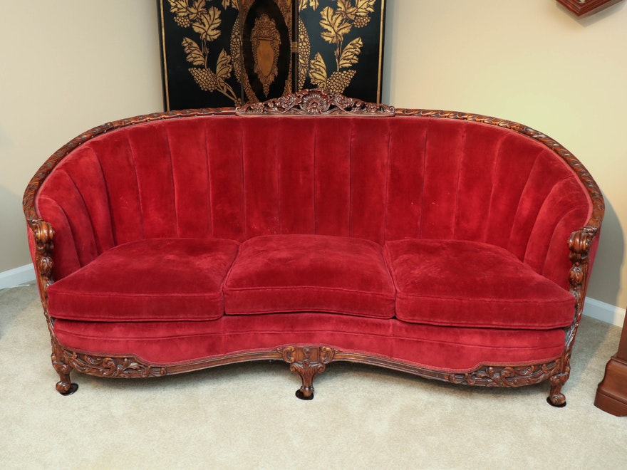 French Rococo Carved Walnut Mahogany Red Velvet Settee Sofa