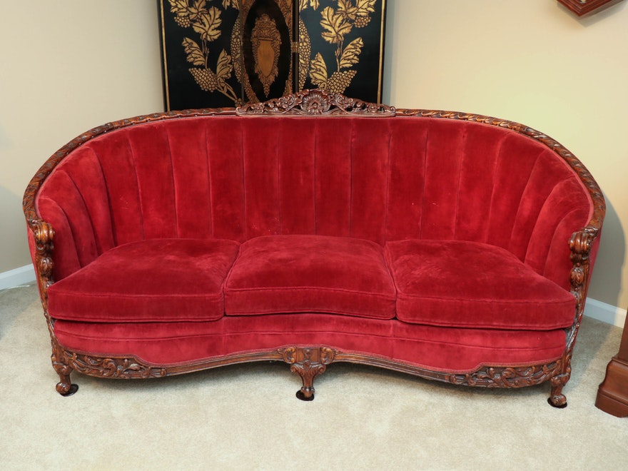 French Rococo Carved Walnut Mahogany Red Velvet Settee Sofa ABBY ESSIE STUDIOS