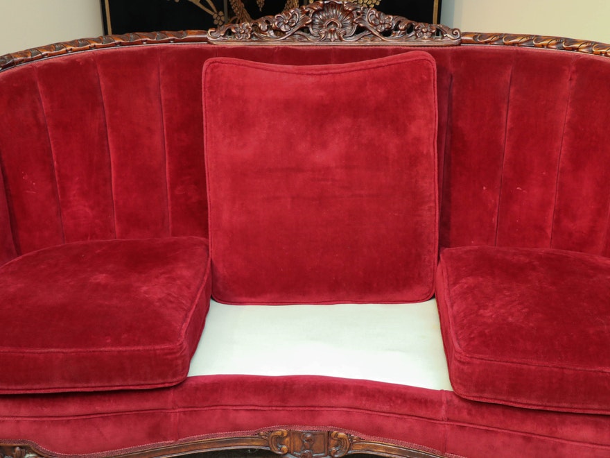 French Rococo Carved Walnut Mahogany Red Velvet Settee Sofa ABBY ESSIE STUDIOS