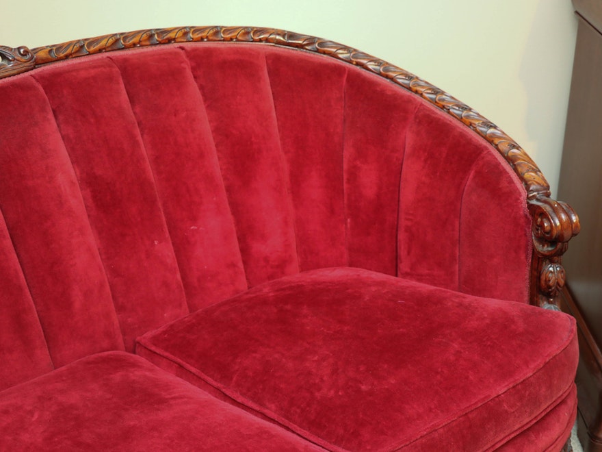 French Rococo Carved Walnut Mahogany Red Velvet Settee Sofa ABBY ESSIE STUDIOS