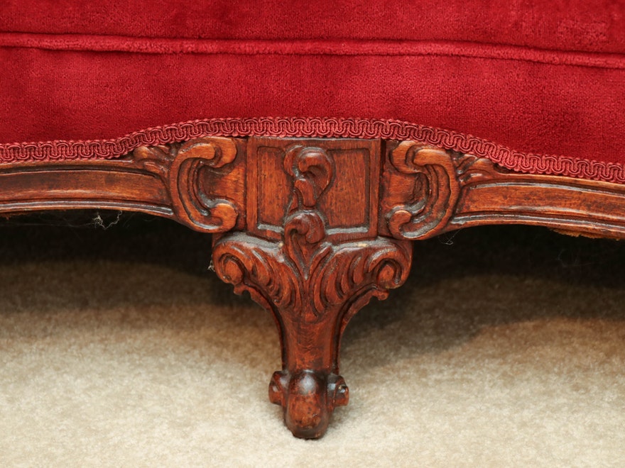 French Rococo Carved Walnut Mahogany Red Velvet Settee Sofa ABBY ESSIE STUDIOS