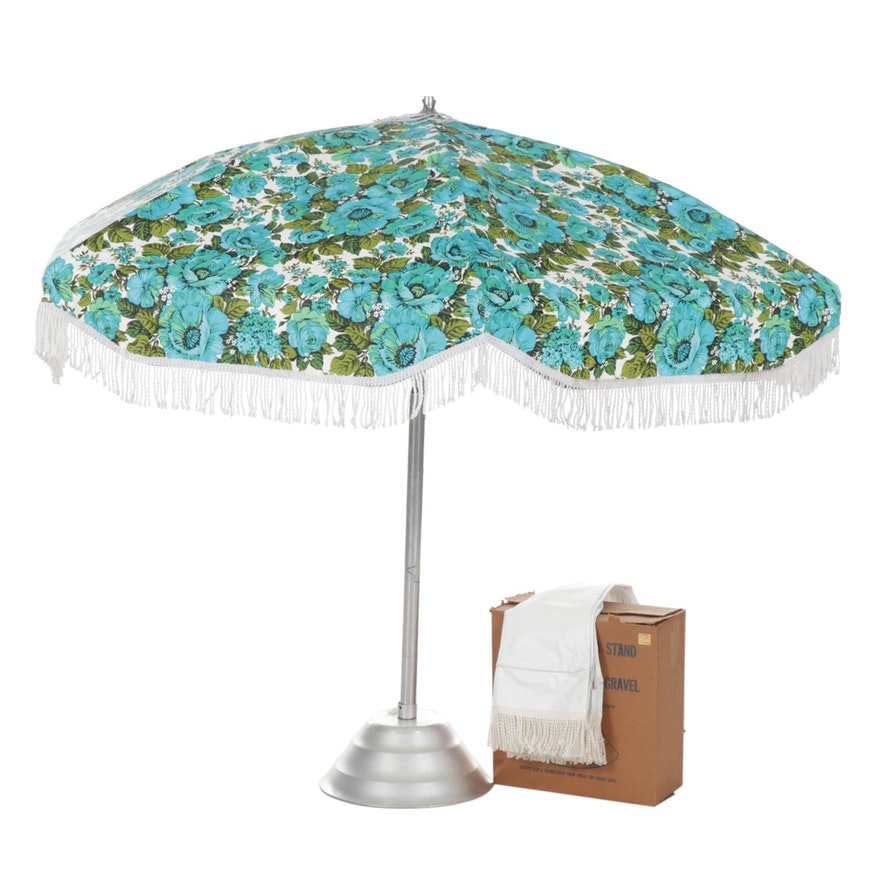 Mid Century Blue Floral Patio Umbrella