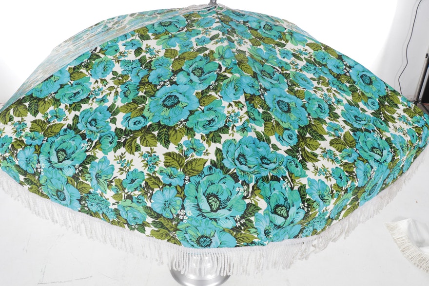 Mid Century Blue Floral Patio Umbrella