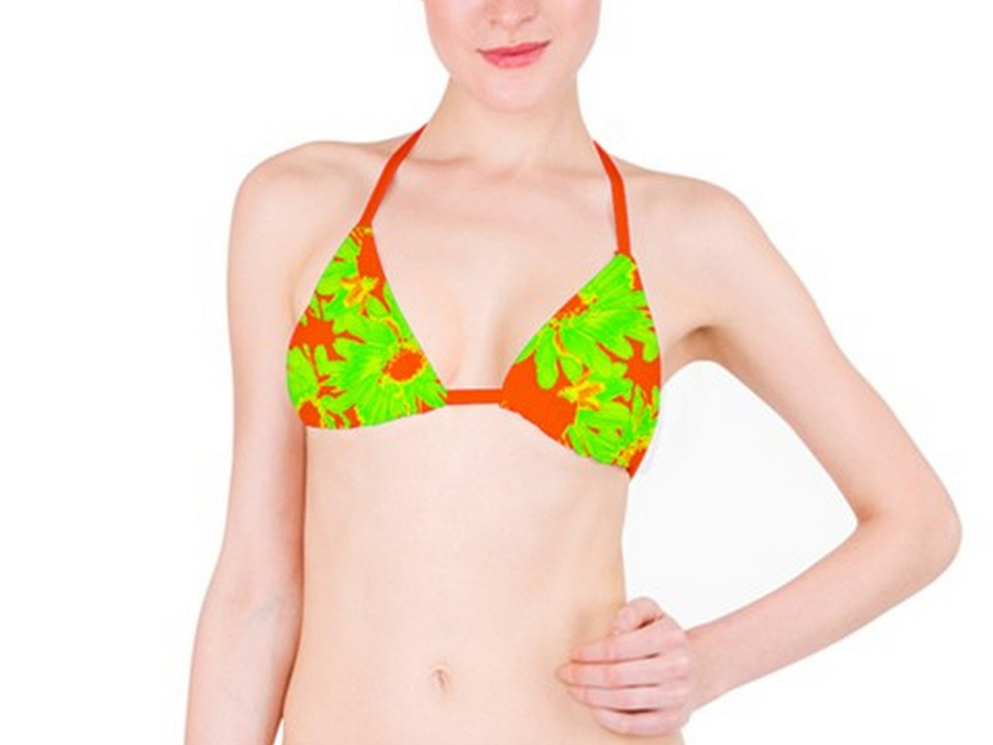 Suga Lane Tropical Floral Lime Green Orange Bikini Top