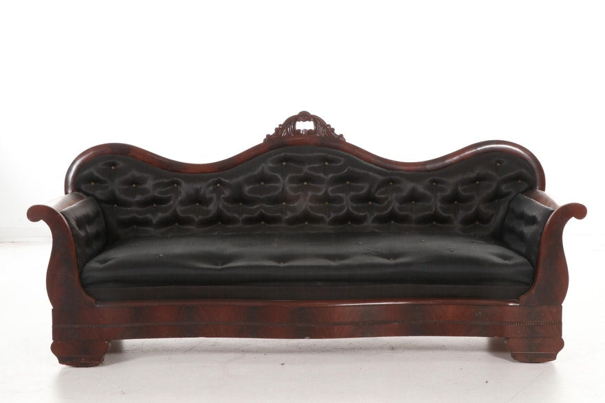 [SOLD] Victorian Mahogany Black Silky Horsehair Sofa 19th Century