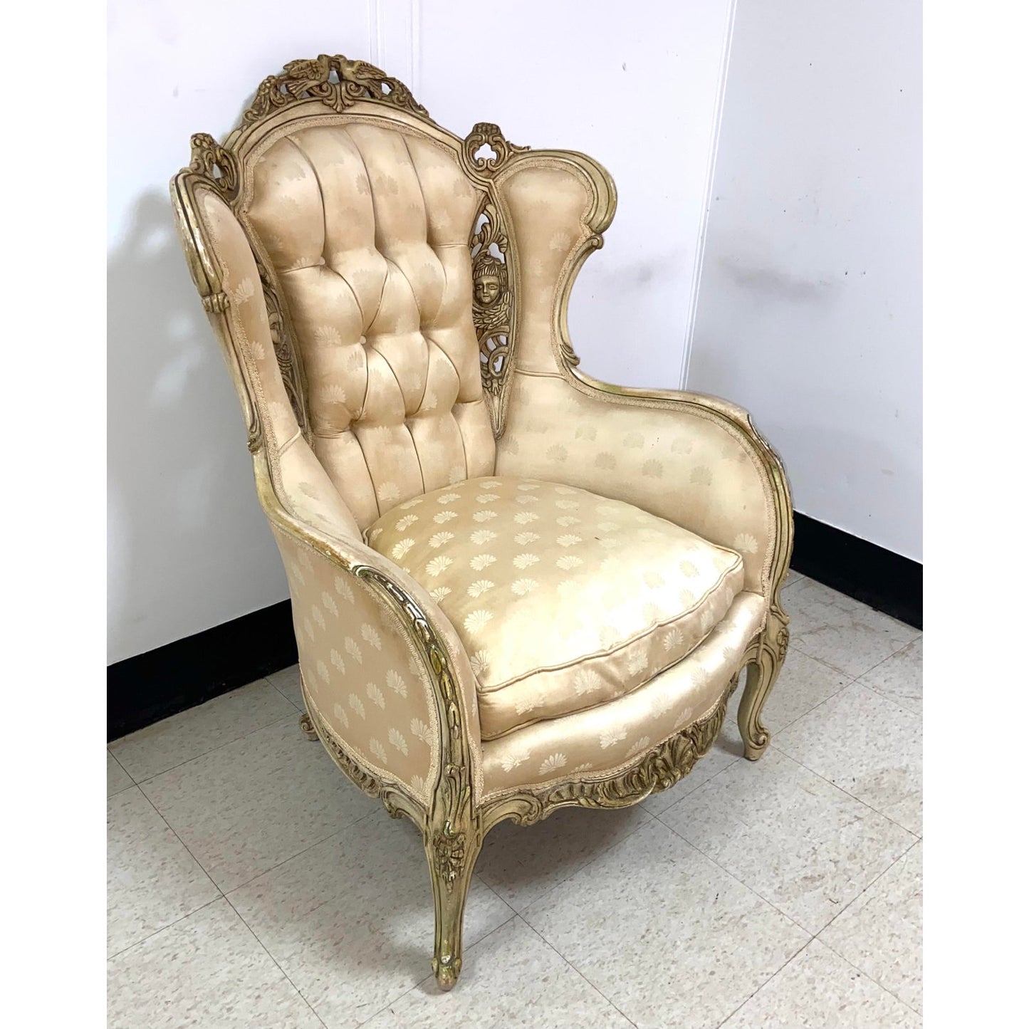 [SOLD] Antique French Louis White Tufted Wingback Boudoir Bergere Chair