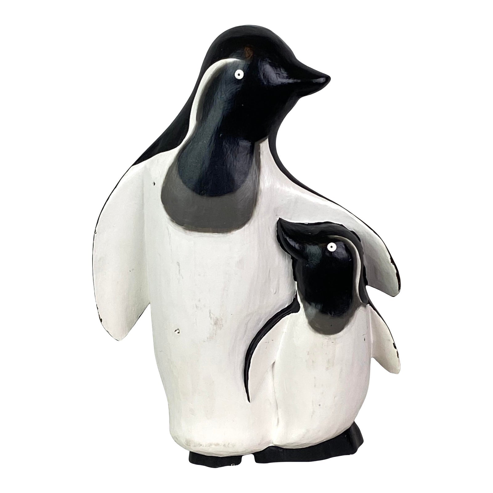 Black & White Hand Carved Wood Penguin and Baby Figure ABBY ESSIE STUDIOS