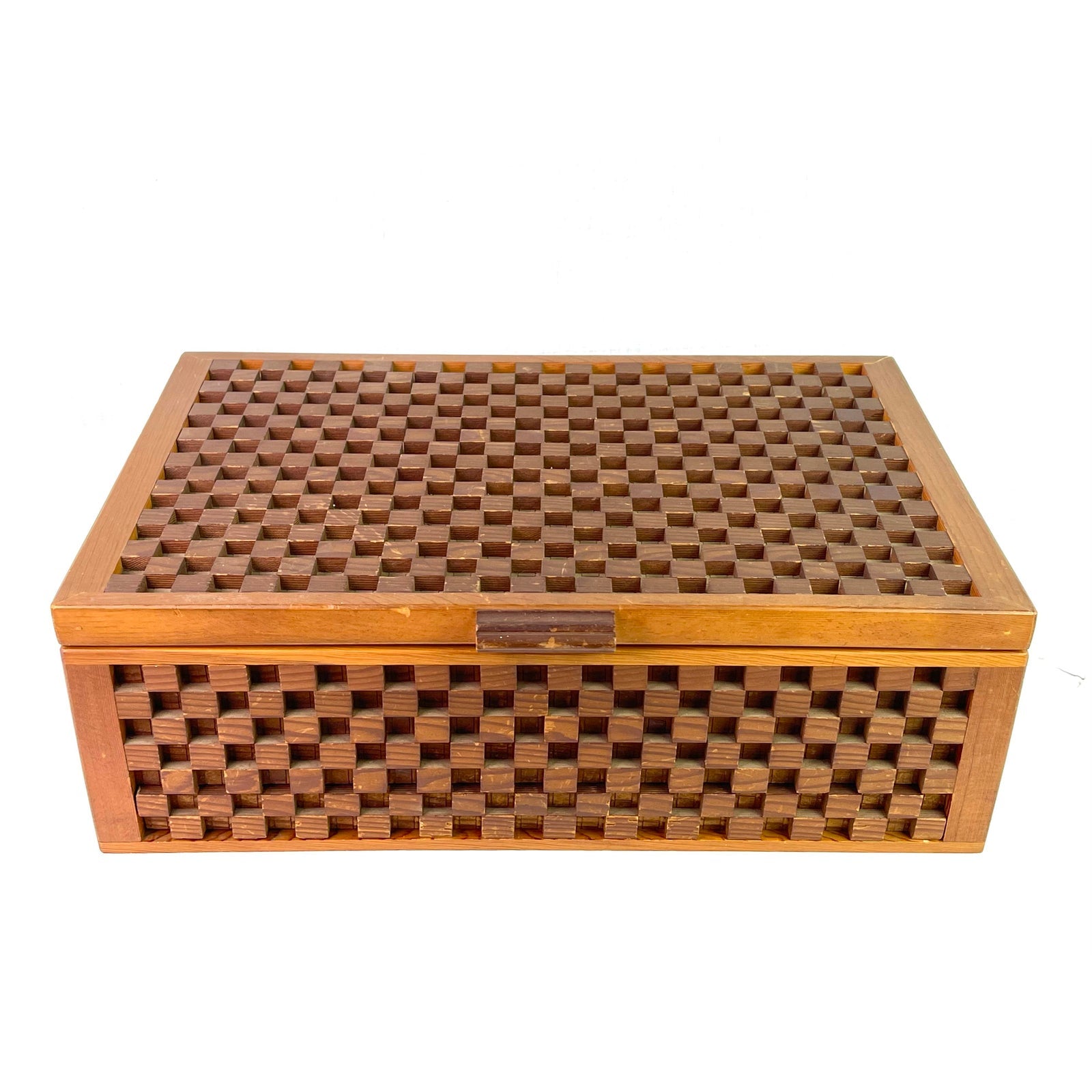 Checkerboard Carved Gucci Style Walnut Wood Storage Box ABBY ESSIE STUDIOS