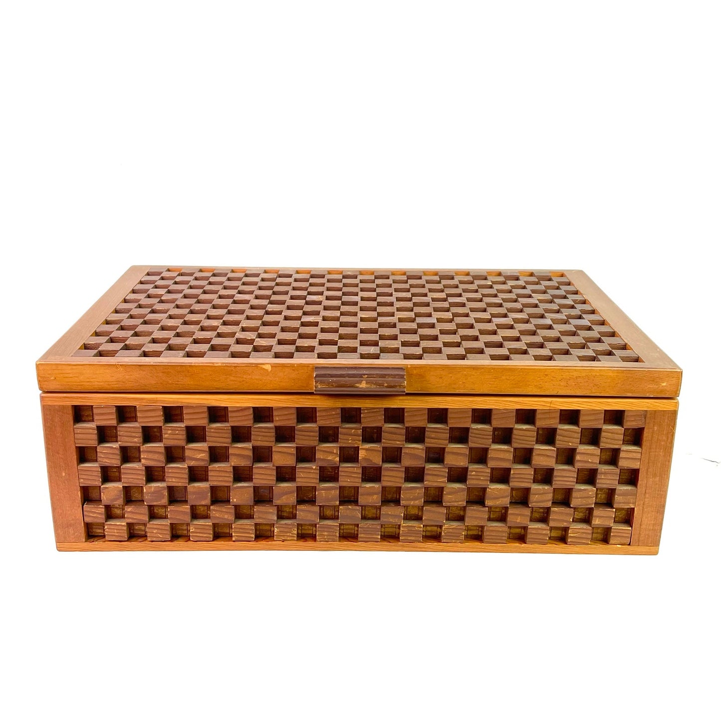 Checkerboard Carved Gucci Style Walnut Wood Storage Box ABBY ESSIE STUDIOS