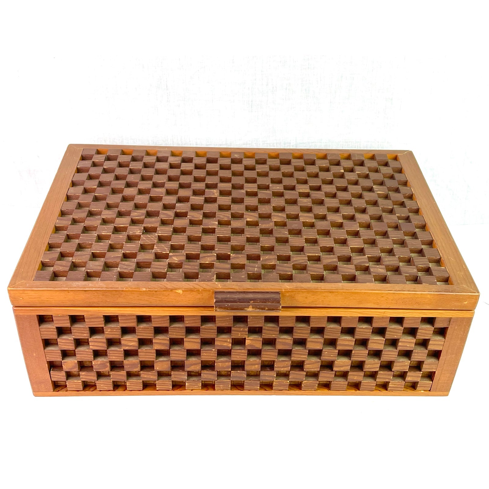 Checkerboard Carved Gucci Style Walnut Wood Storage Box ABBY ESSIE STUDIOS