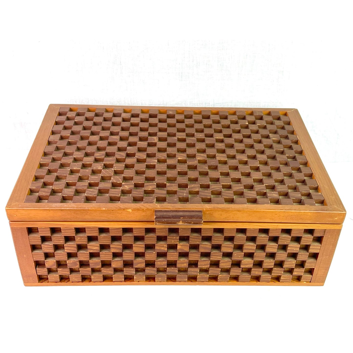 Checkerboard Carved Gucci Style Walnut Wood Storage Box ABBY ESSIE STUDIOS