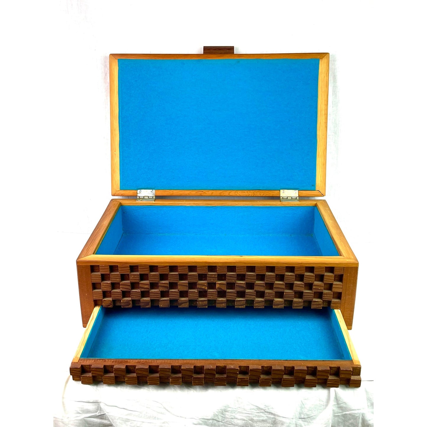Checkerboard Carved Gucci Style Walnut Wood Storage Box