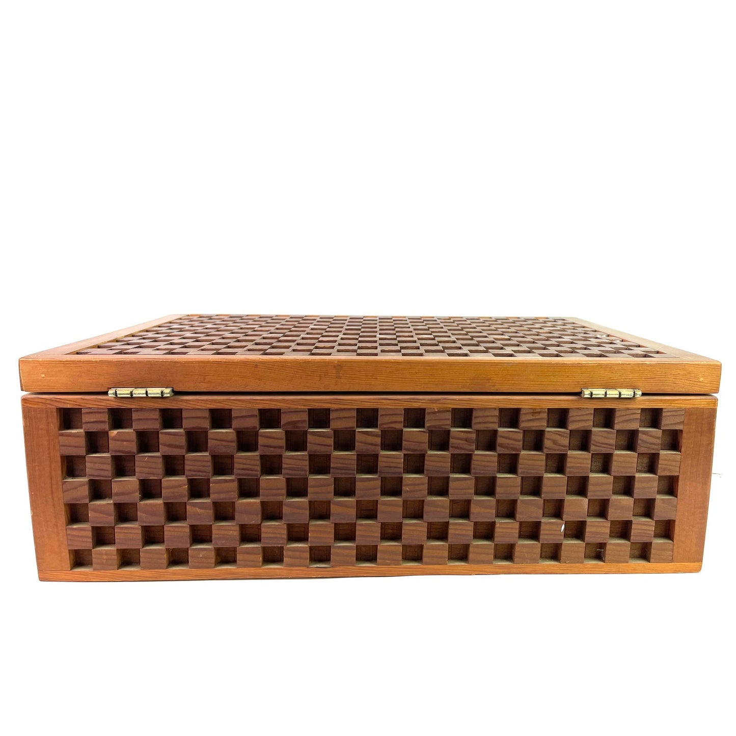 Checkerboard Carved Gucci Style Walnut Wood Storage Box ABBY ESSIE STUDIOS