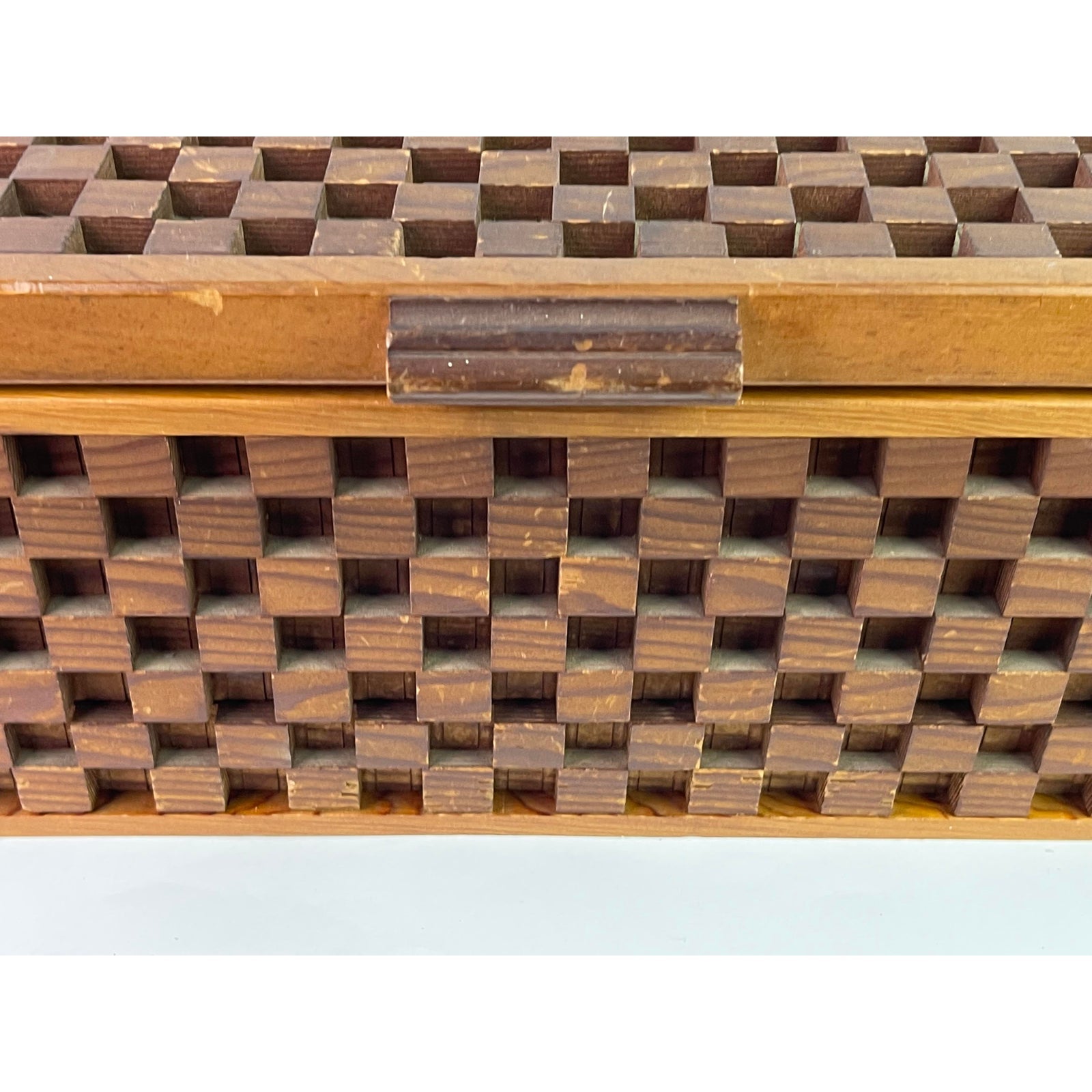 Checkerboard Carved Gucci Style Walnut Wood Storage Box ABBY ESSIE STUDIOS