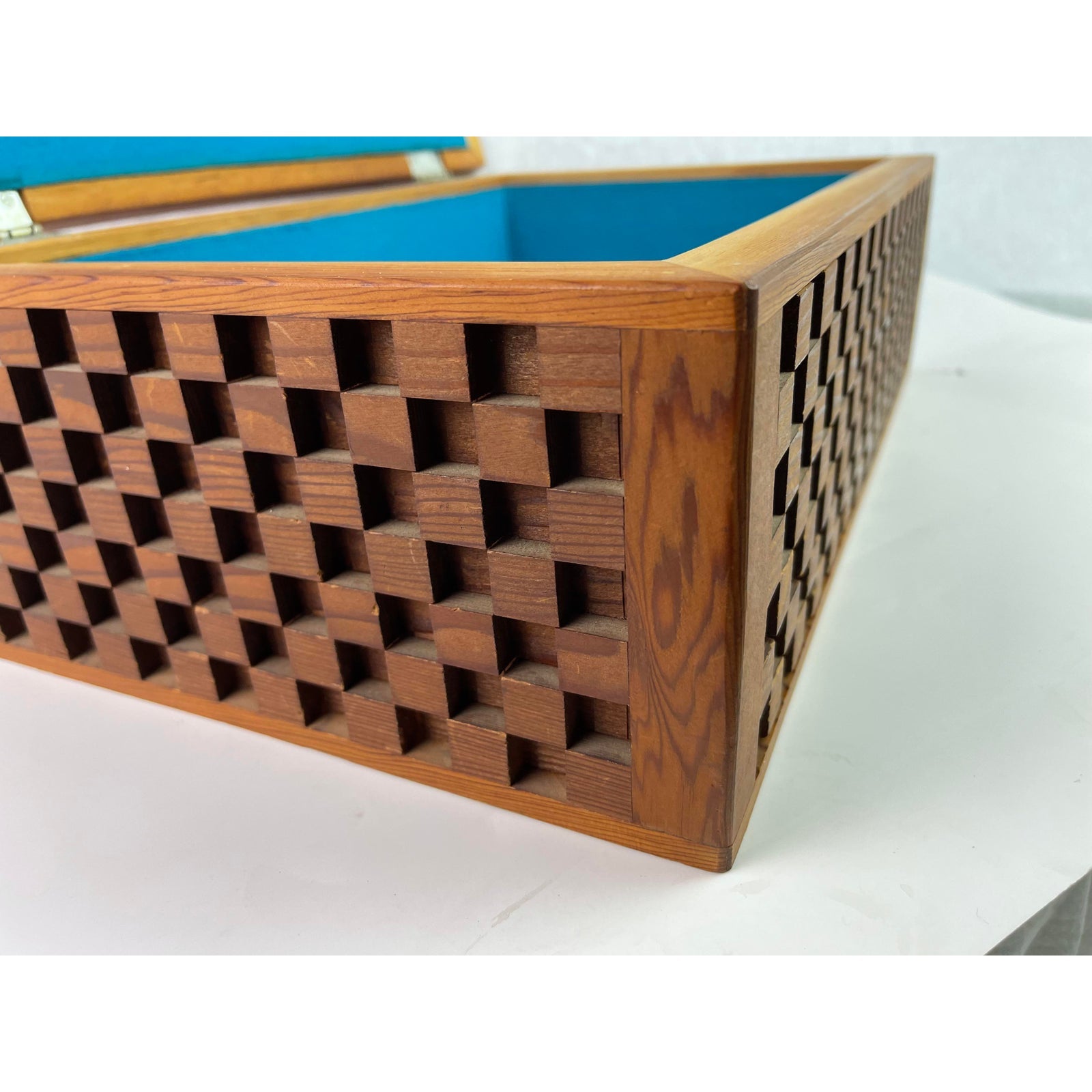 Checkerboard Carved Gucci Style Walnut Wood Storage Box ABBY ESSIE STUDIOS