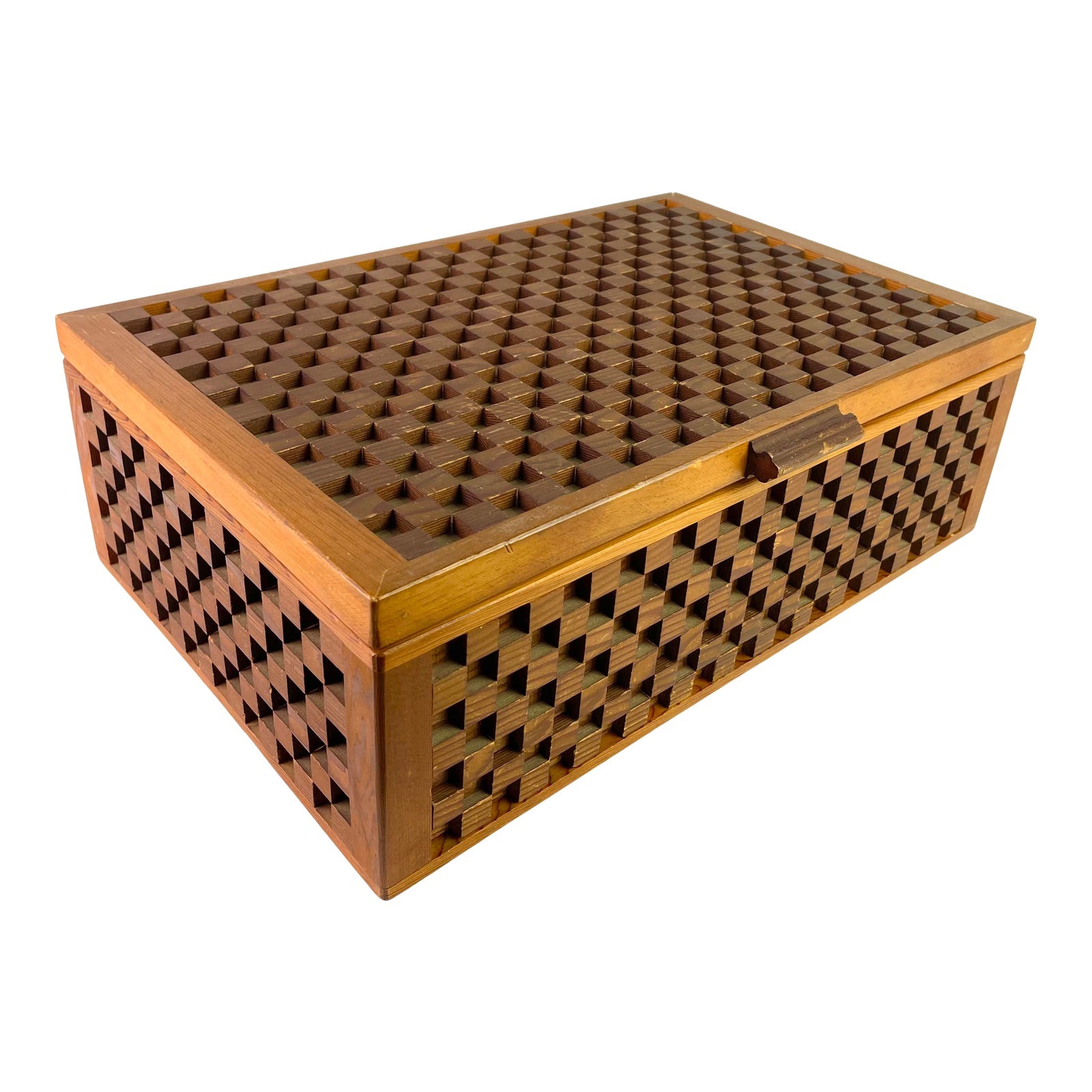 Checkerboard Carved Gucci Style Walnut Wood Storage Box ABBY ESSIE STUDIOS