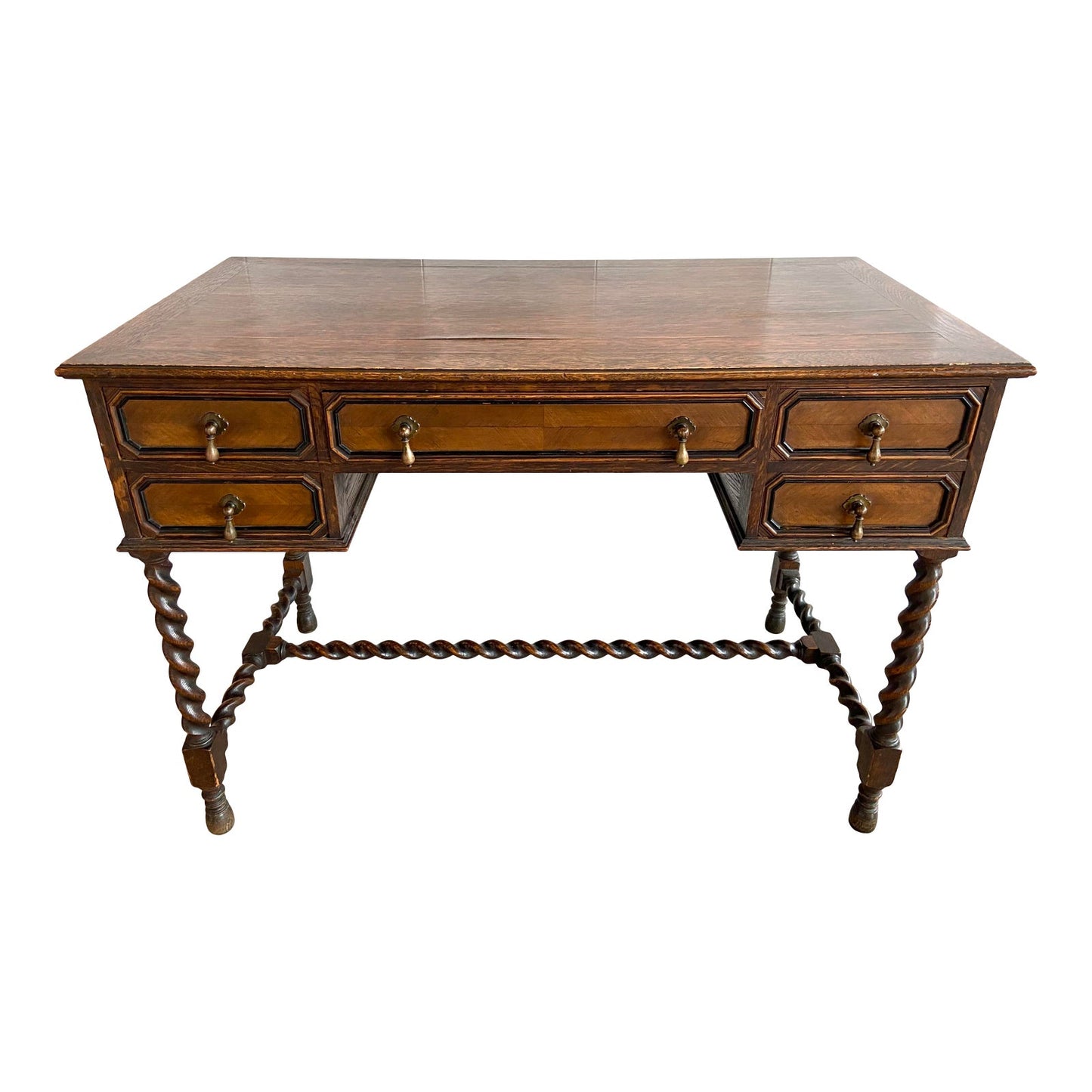 [SOLD] French Barley Twist Walnut Oak Brass Writing Desk