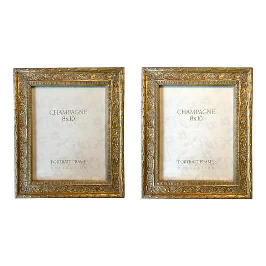 French Louis Champagne Gold Wood Glass Picture Frames - Pair of 2