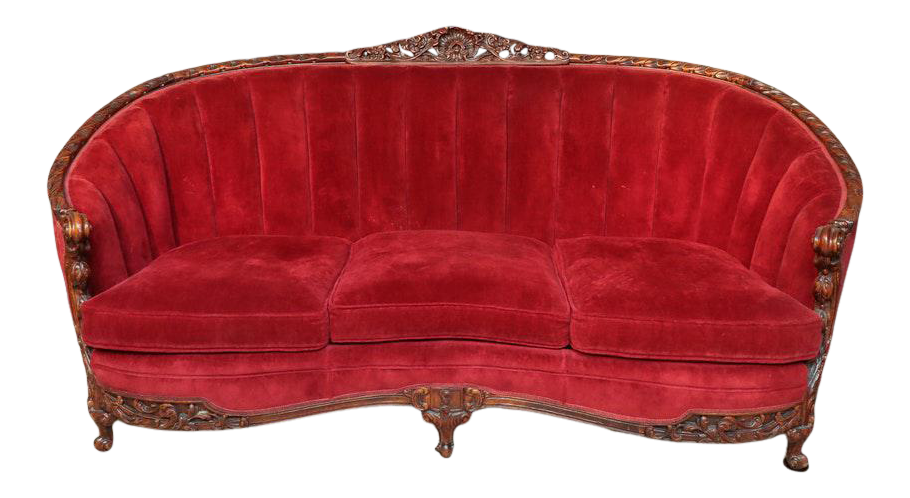 French Rococo Carved Walnut Mahogany Red Velvet Settee Sofa ABBY ESSIE STUDIOS