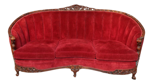 French Rococo Carved Walnut Mahogany Red Velvet Settee Sofa ABBY ESSIE STUDIOS