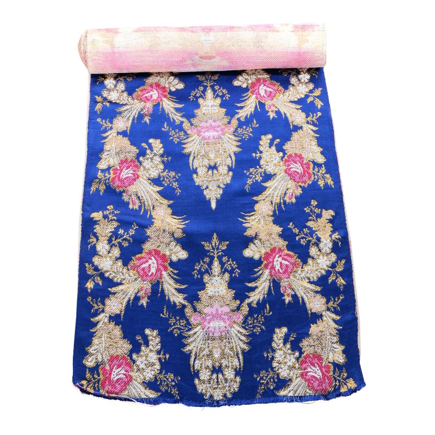 Gold Royal Blue Embroidered Floral Silk Brocade Textile ABBY ESSIE