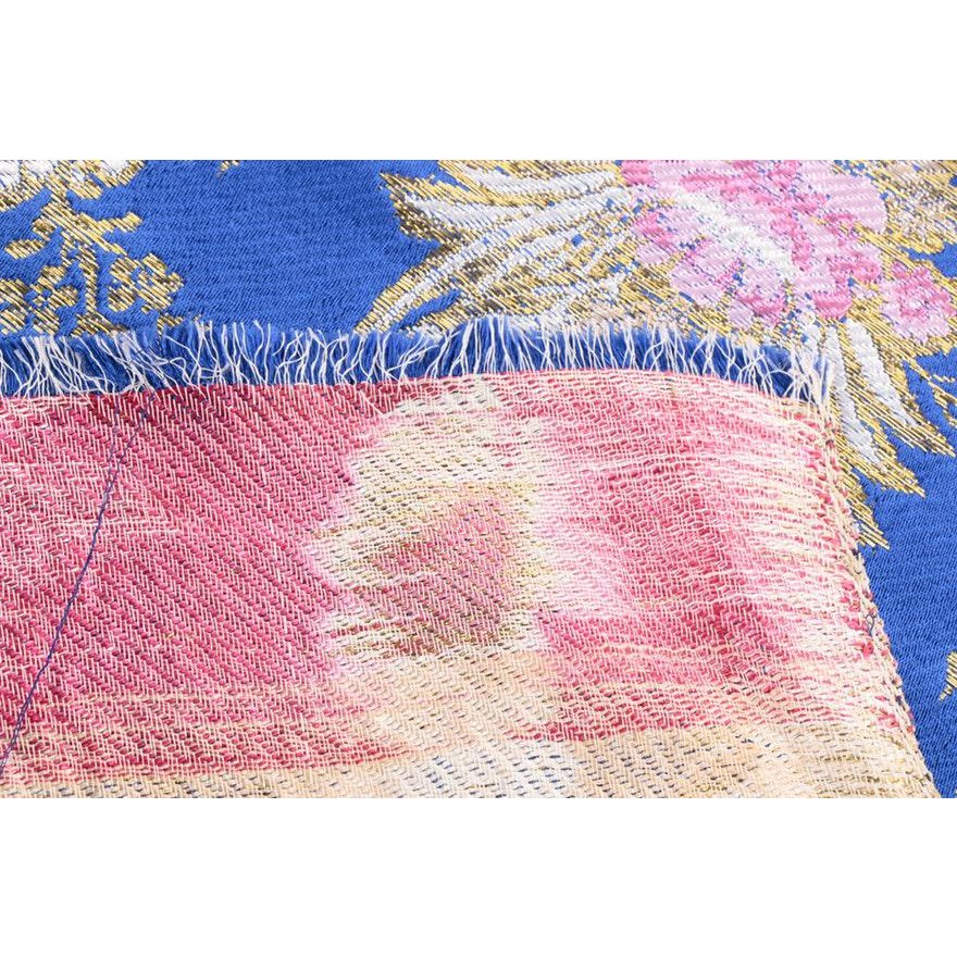 Gold Royal Blue Embroidered Floral Silk Brocade Textile