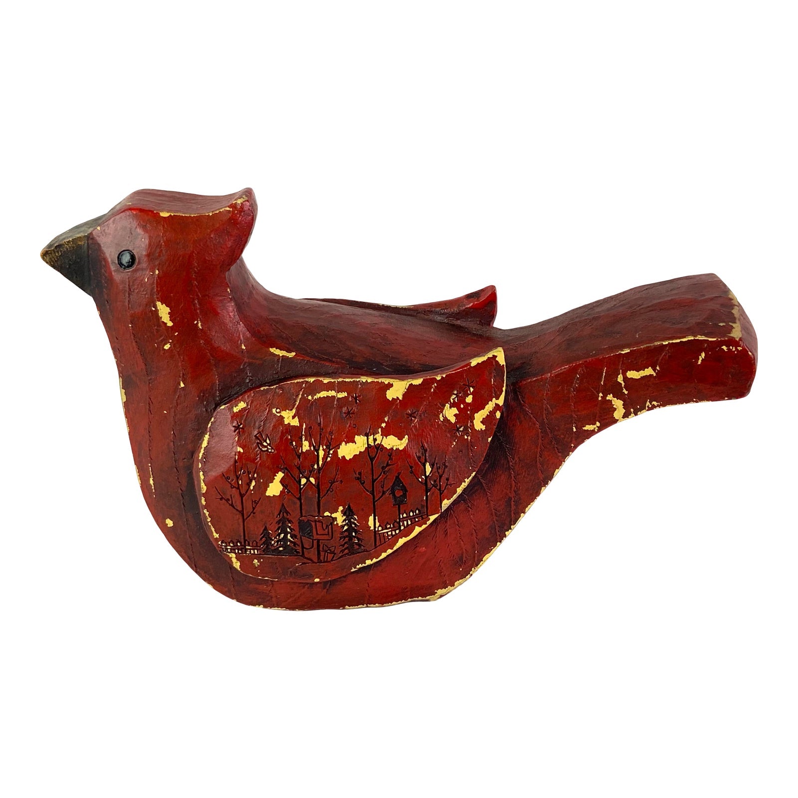 Hand Carved Wood Red Painted Bird ABBY ESSIE STUDIOS