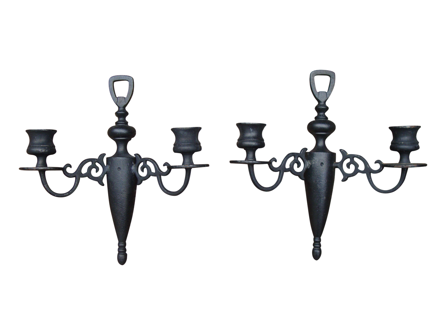 PAIR OF ANTIQUE ORNATE GOTH HEAVY CAST IRON MEDIEVAL CANDLE SCONCES vintage