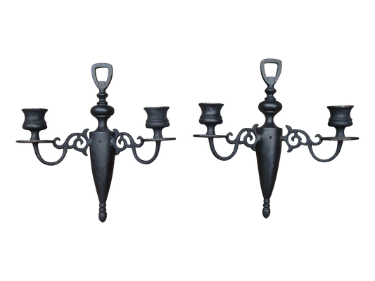 PAIR OF ANTIQUE ORNATE GOTH HEAVY CAST IRON MEDIEVAL CANDLE SCONCES vintage Abby Essie