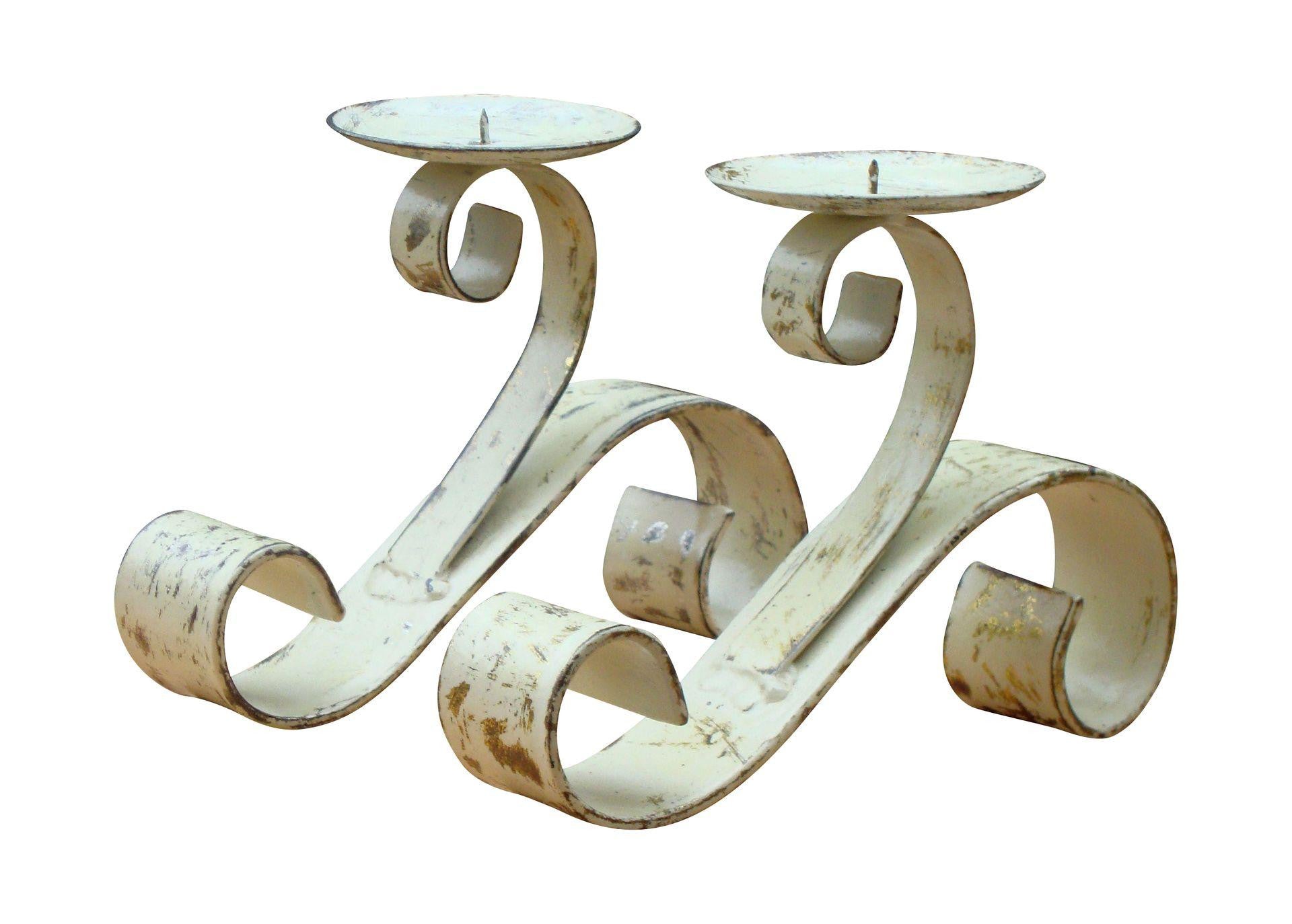 Vintage French Hand Painted Distressed Bronze Iron Candle Holders  - Pair of 2 Abby Essie