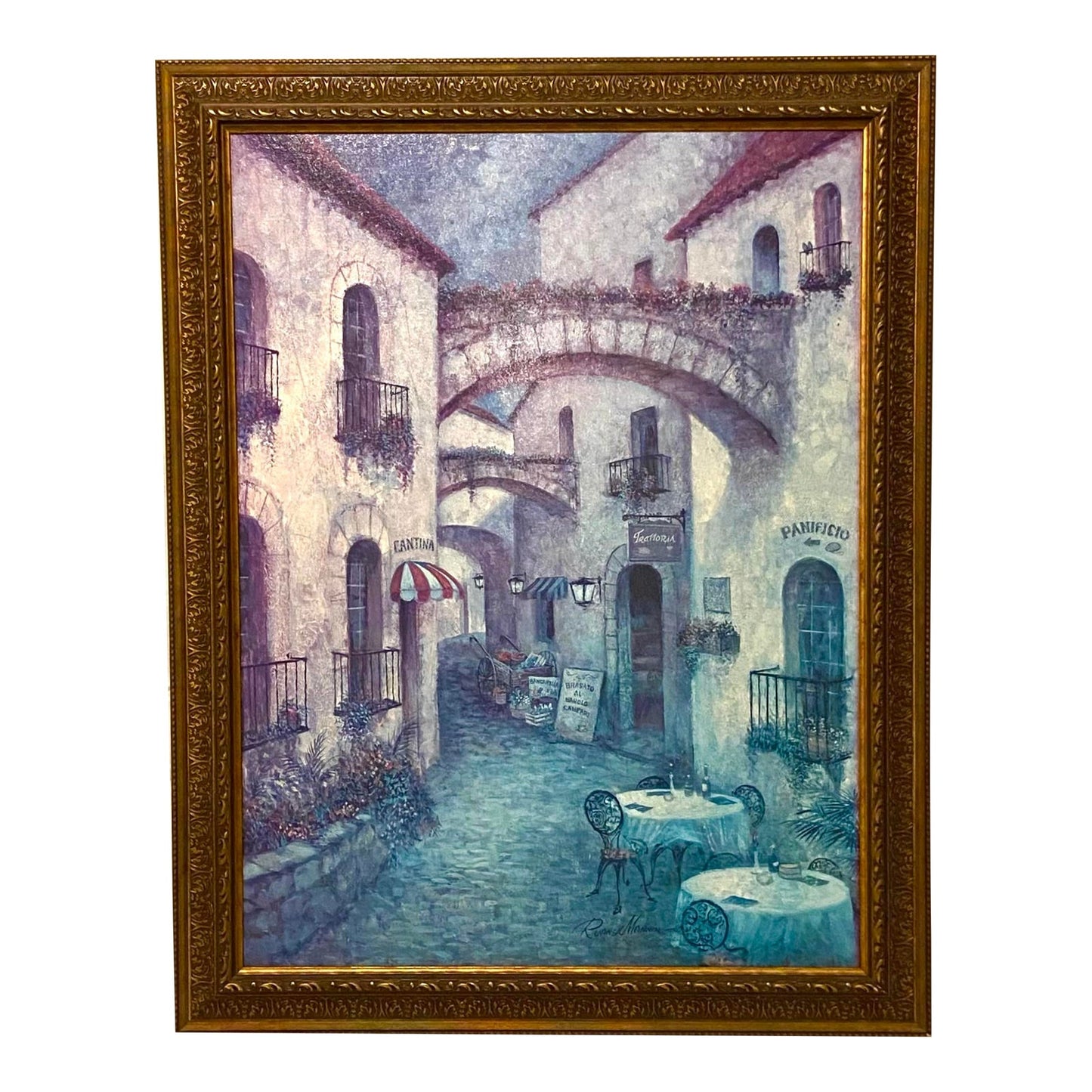 [SOLD] Large Scale Italian Village Cafe Framed Painting Giclee