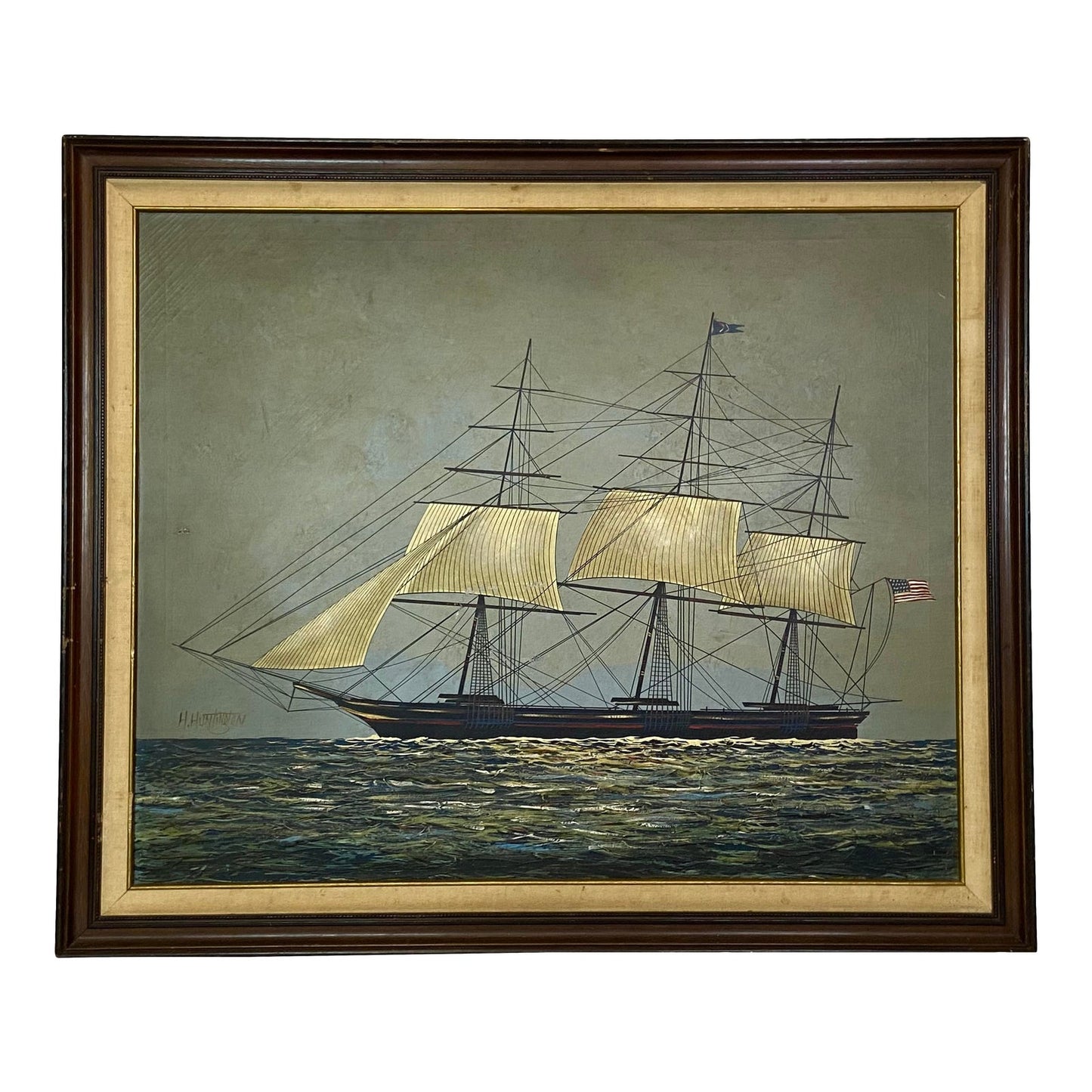 Large Scale Nautical Ship With American Flag Oil Painting