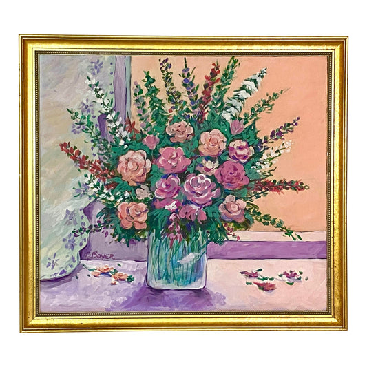 Large Scale Pink Roses Still Life Acrylic Painting ABBY ESSIE STUDIOS