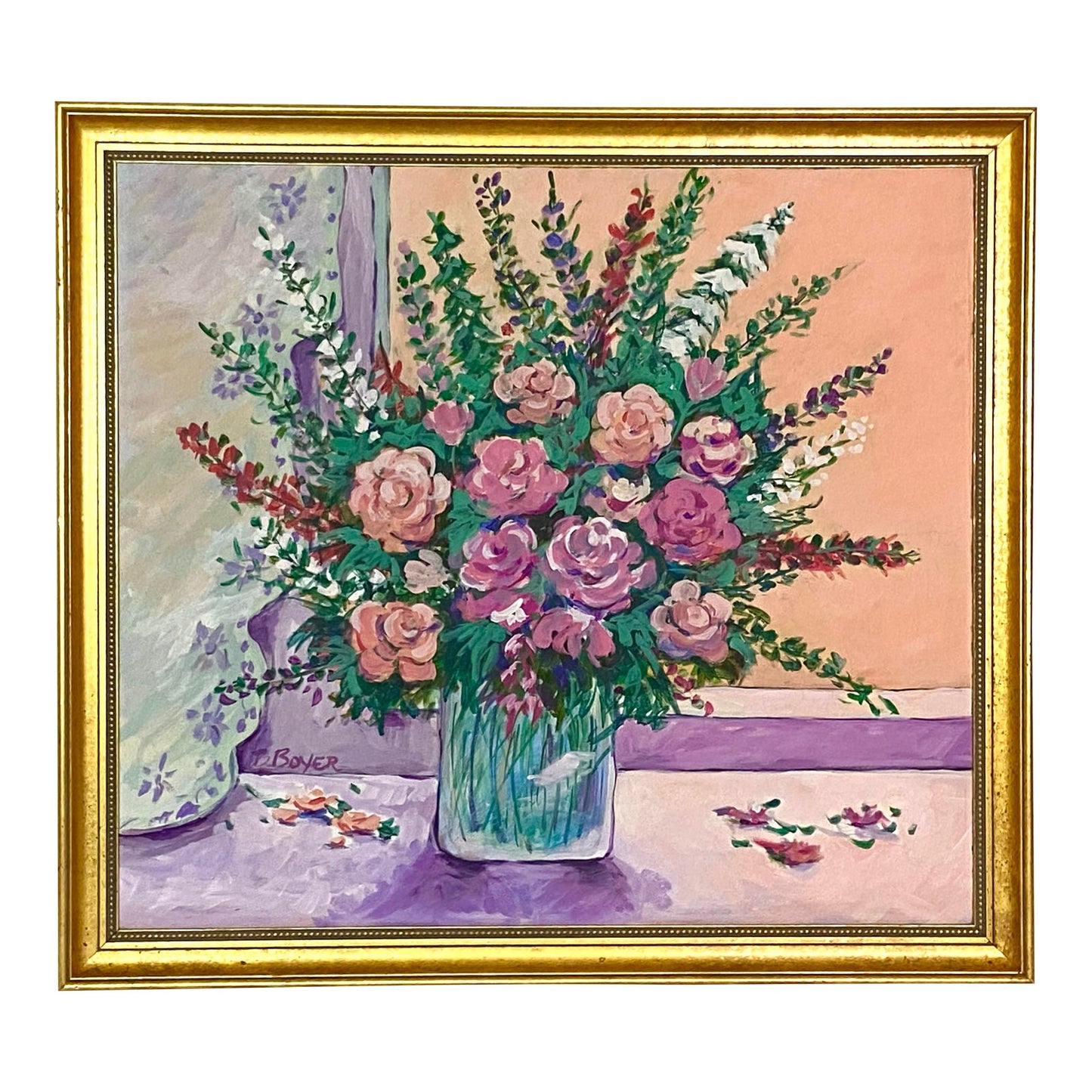 Large Scale Pink Roses Still Life Acrylic Painting ABBY ESSIE STUDIOS