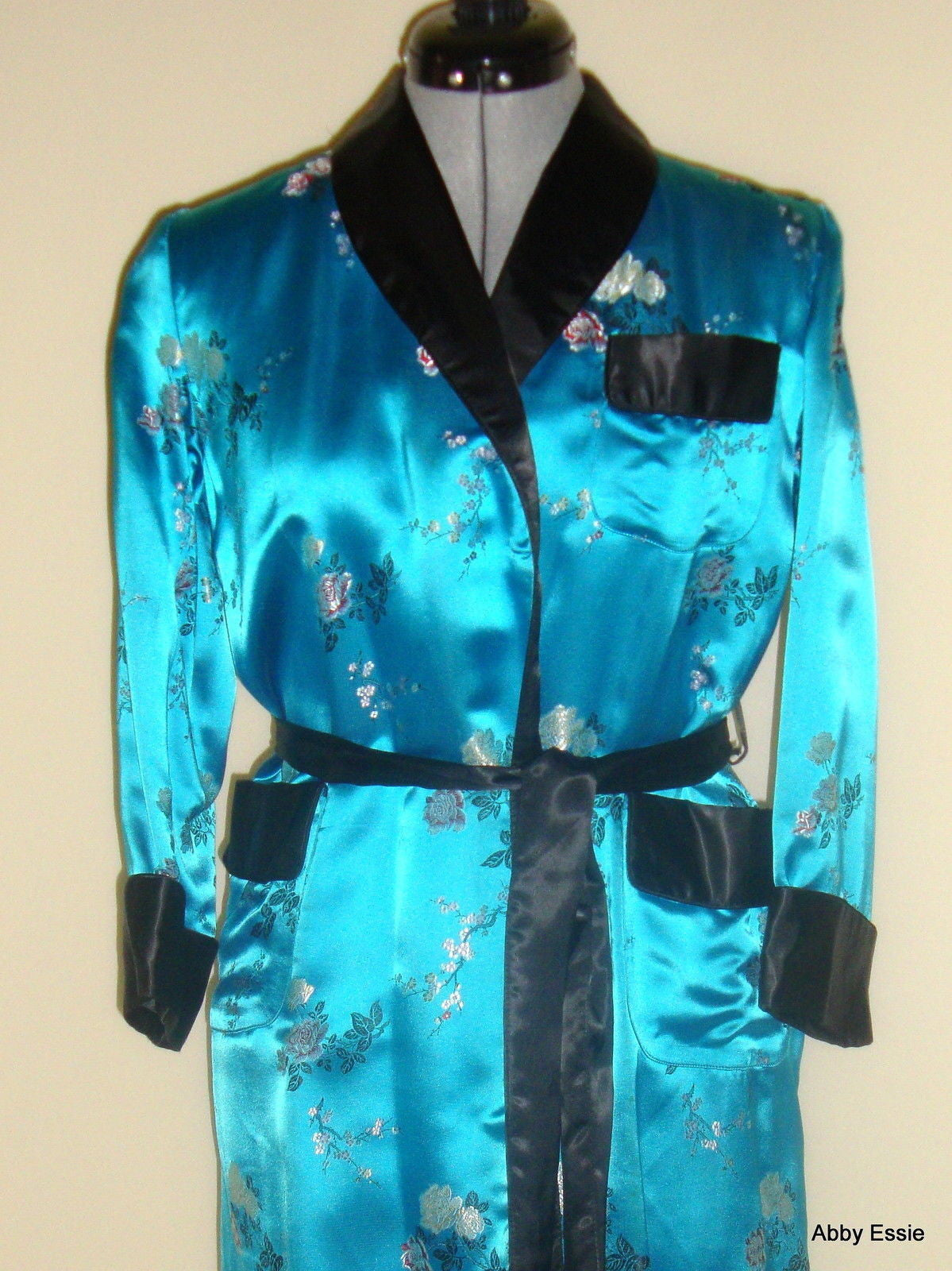 Vintage Blue Turquoise Satin Smoking Jacket Asian Brocade Floral Abby Essie