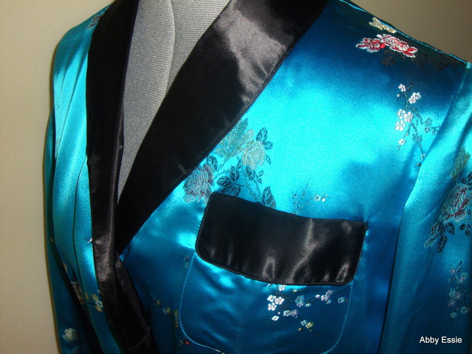 Vintage Blue Turquoise Satin Smoking Jacket Asian Brocade Floral Abby Essie