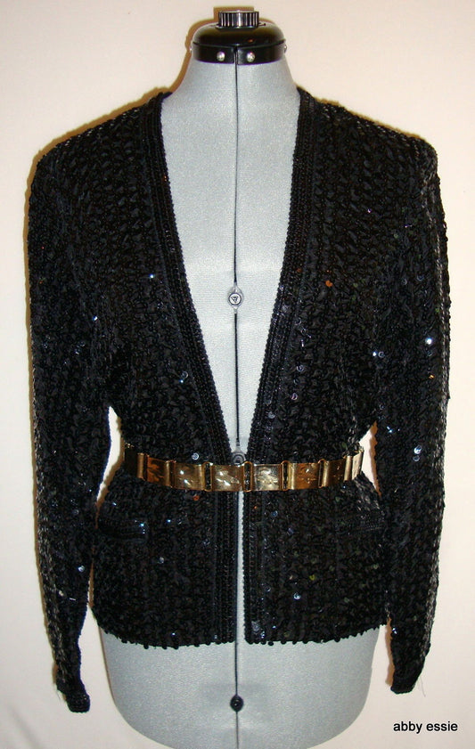 VINTAGE PARTIQUE NEW YORK BLACK SATIN SEQUIN RUCHE COCKTAIL FORMAL JACKET LARGE Abby Essie