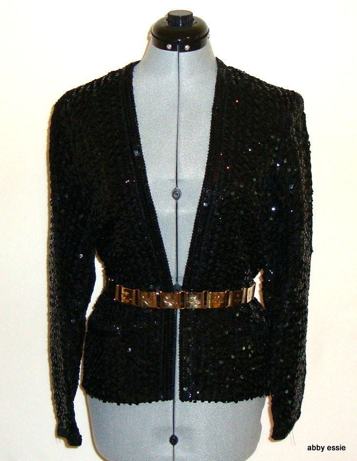 VINTAGE PARTIQUE NEW YORK BLACK SATIN SEQUIN RUCHE COCKTAIL FORMAL JACKET LARGE Abby Essie