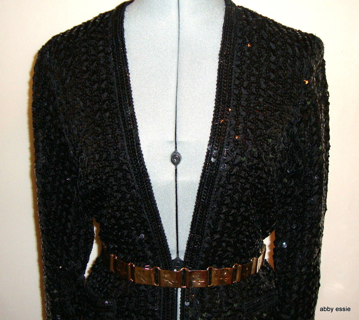 VINTAGE PARTIQUE NEW YORK BLACK SATIN SEQUIN RUCHE COCKTAIL FORMAL JACKET LARGE Abby Essie