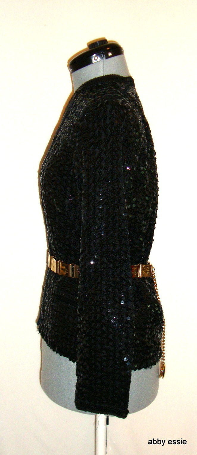 VINTAGE PARTIQUE NEW YORK BLACK SATIN SEQUIN RUCHE COCKTAIL FORMAL JACKET LARGE Abby Essie