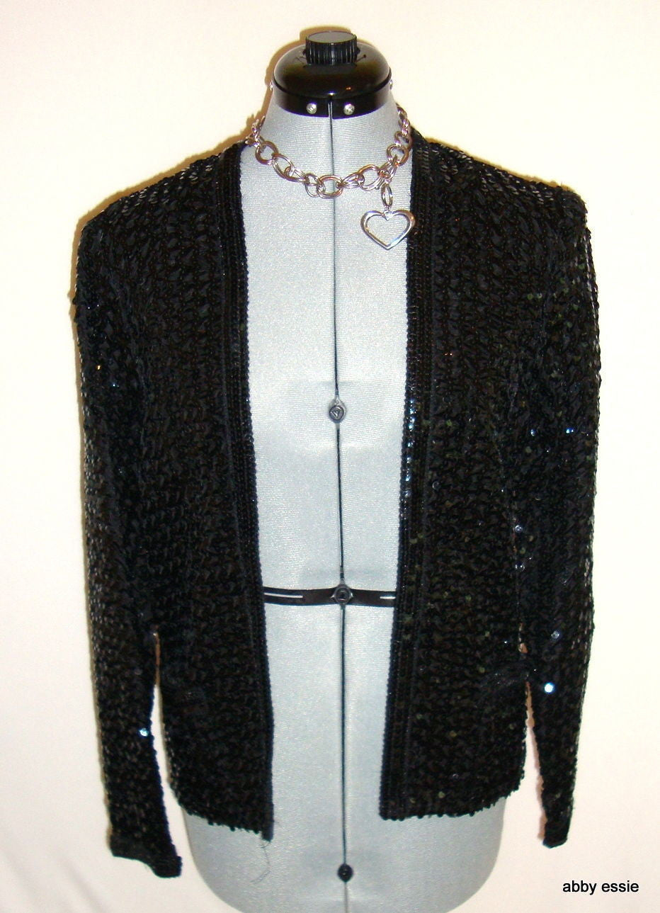 VINTAGE PARTIQUE NEW YORK BLACK SATIN SEQUIN RUCHE COCKTAIL FORMAL JACKET LARGE Abby Essie