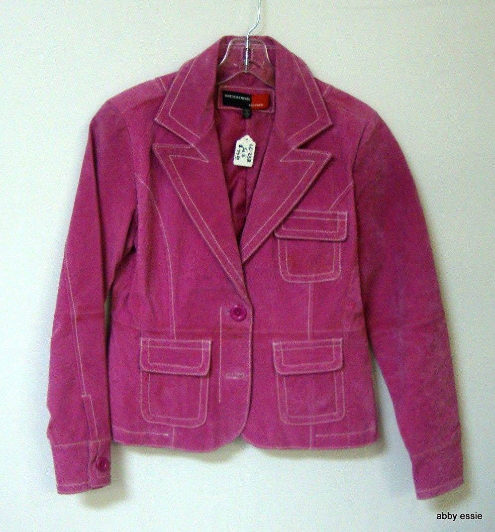 Hot Pink Leather Blazer Jacket White Stitching Wide Collar Sz Small Abby Essie