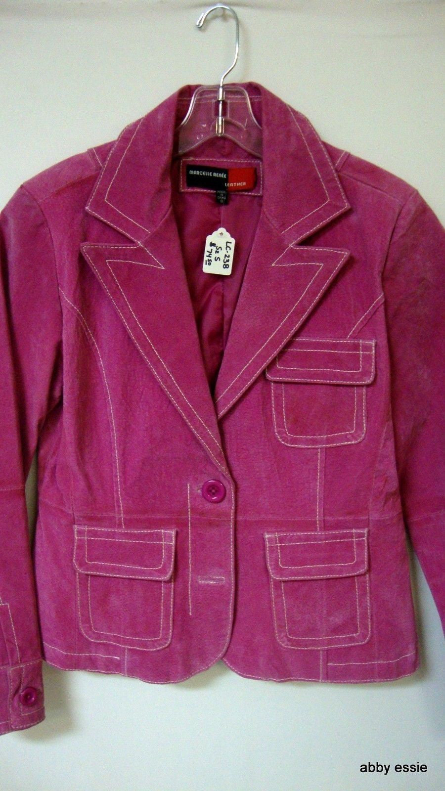 Hot Pink Leather Blazer Jacket White Stitching Wide Collar Sz Small Abby Essie