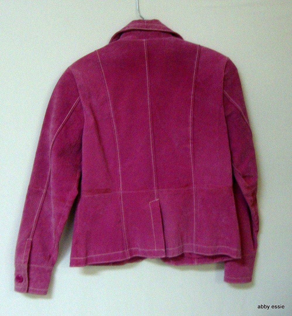 Hot Pink Leather Blazer Jacket White Stitching Wide Collar Sz Small Abby Essie