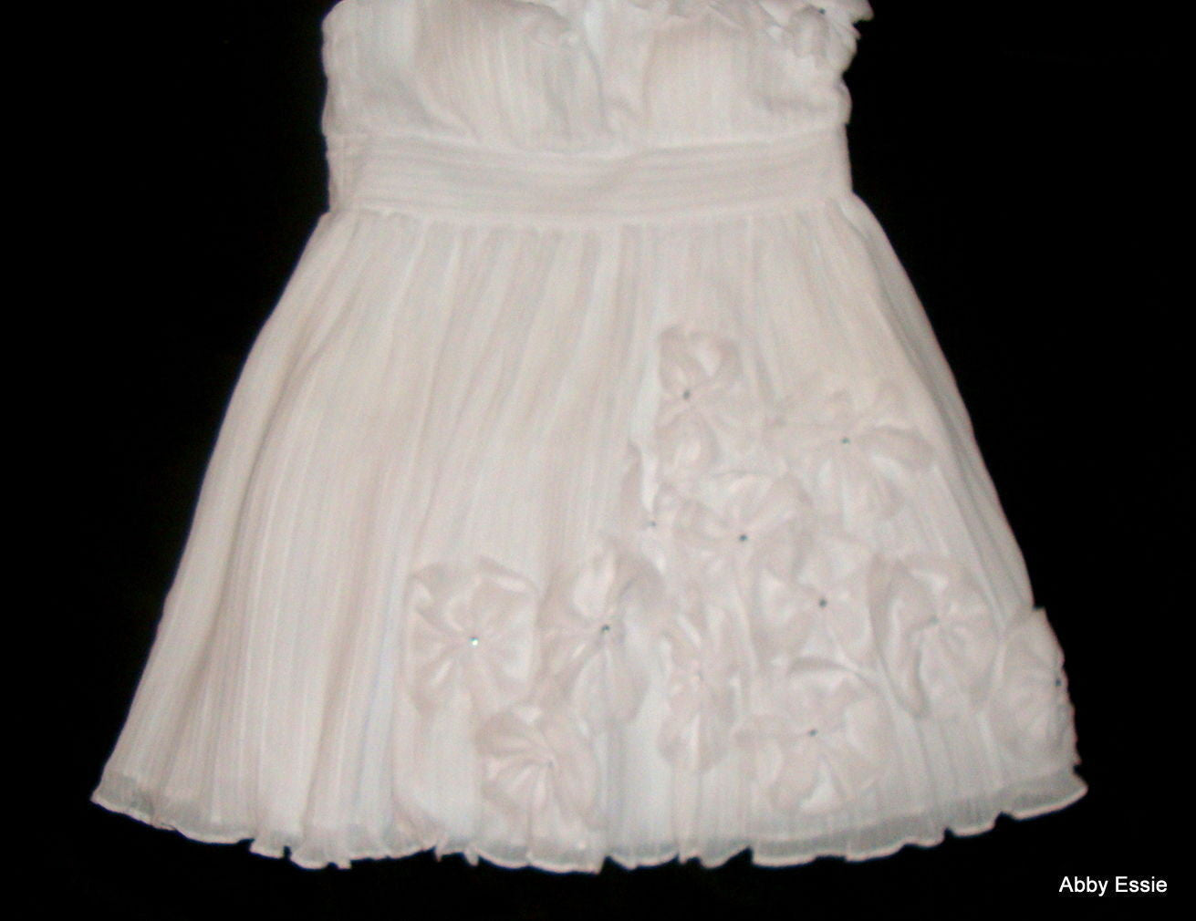 White Silky Pleated One Shoulder Rhinestone Flower Applique Chiffon Dress Abby Essie