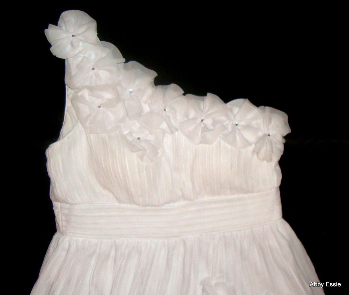 White Silky Pleated One Shoulder Rhinestone Flower Applique Chiffon Dress Abby Essie