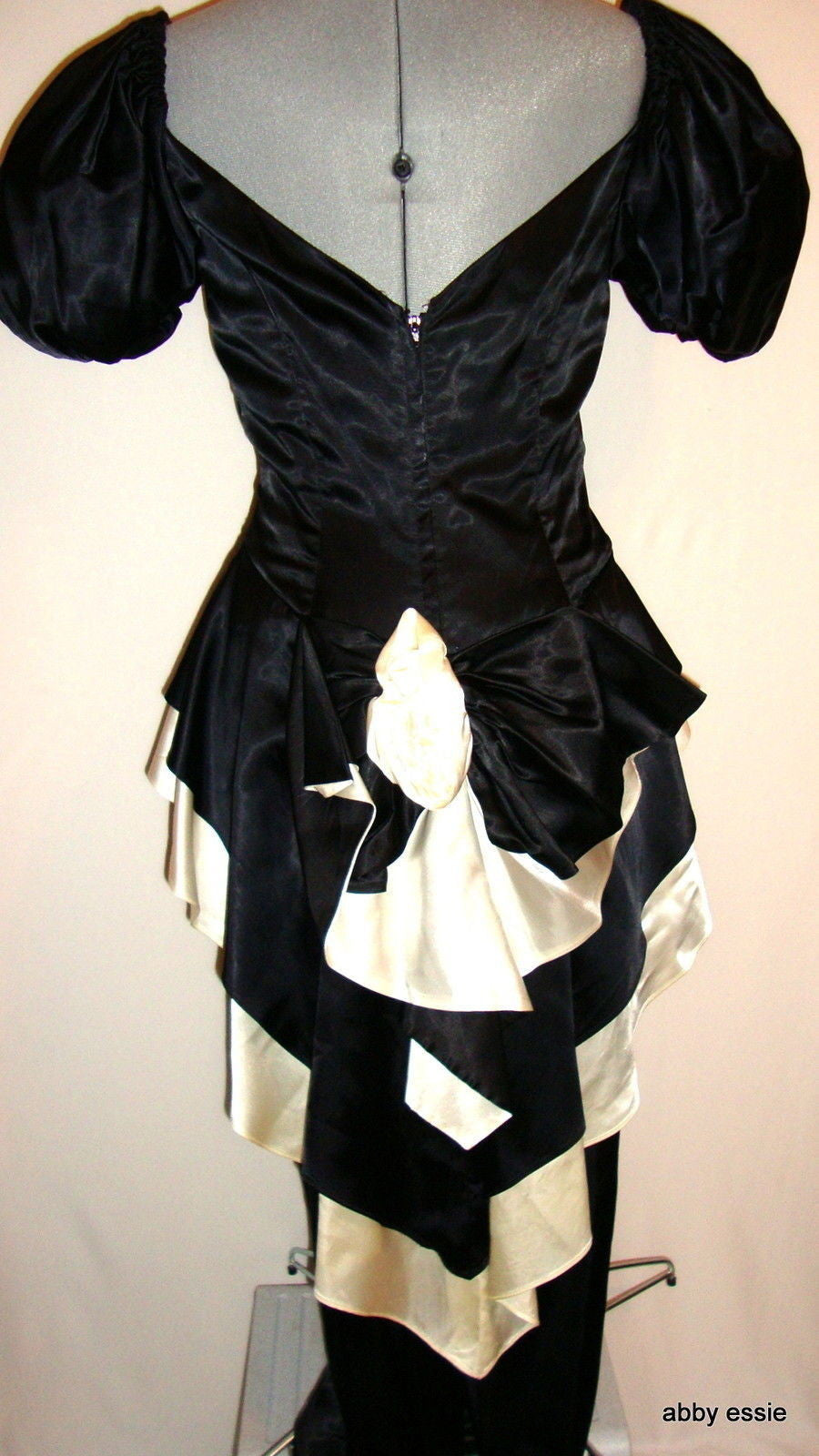 Vintage Black White Silk Satin Peplum Victorian Goth Vtg 12 Medium Abby Essie