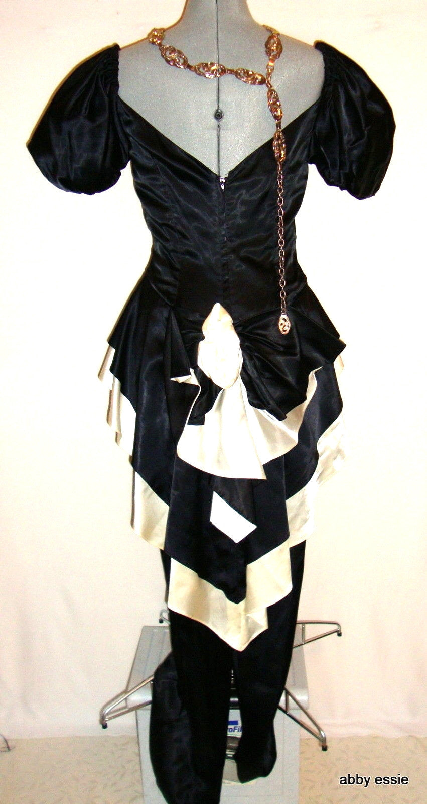 Vintage Black White Silk Satin Peplum Victorian Goth Vtg 12 Medium